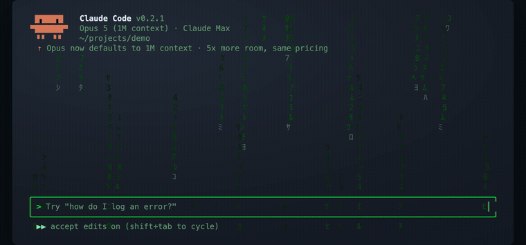 A terminal session: matrix rain runs behind the prompt, /theme opens the picker, Create your own takes a description, and the finished theme paints snow behind the conversation.